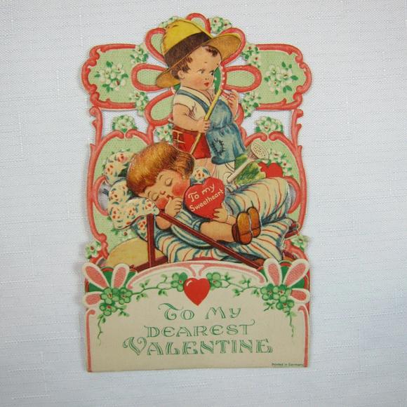 Vintage Valentine Pop Up 3D Die Cut Honeycomb Girl Boy Gardener Germany 1920-30s - Picture 9 of 12